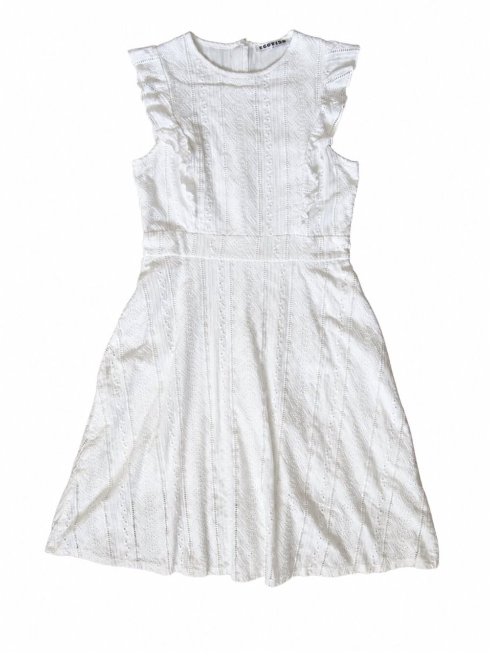 ECOWISH White 100% Cotton Eyelet Lace Ruffle Fit & Flare Dress | Size Small